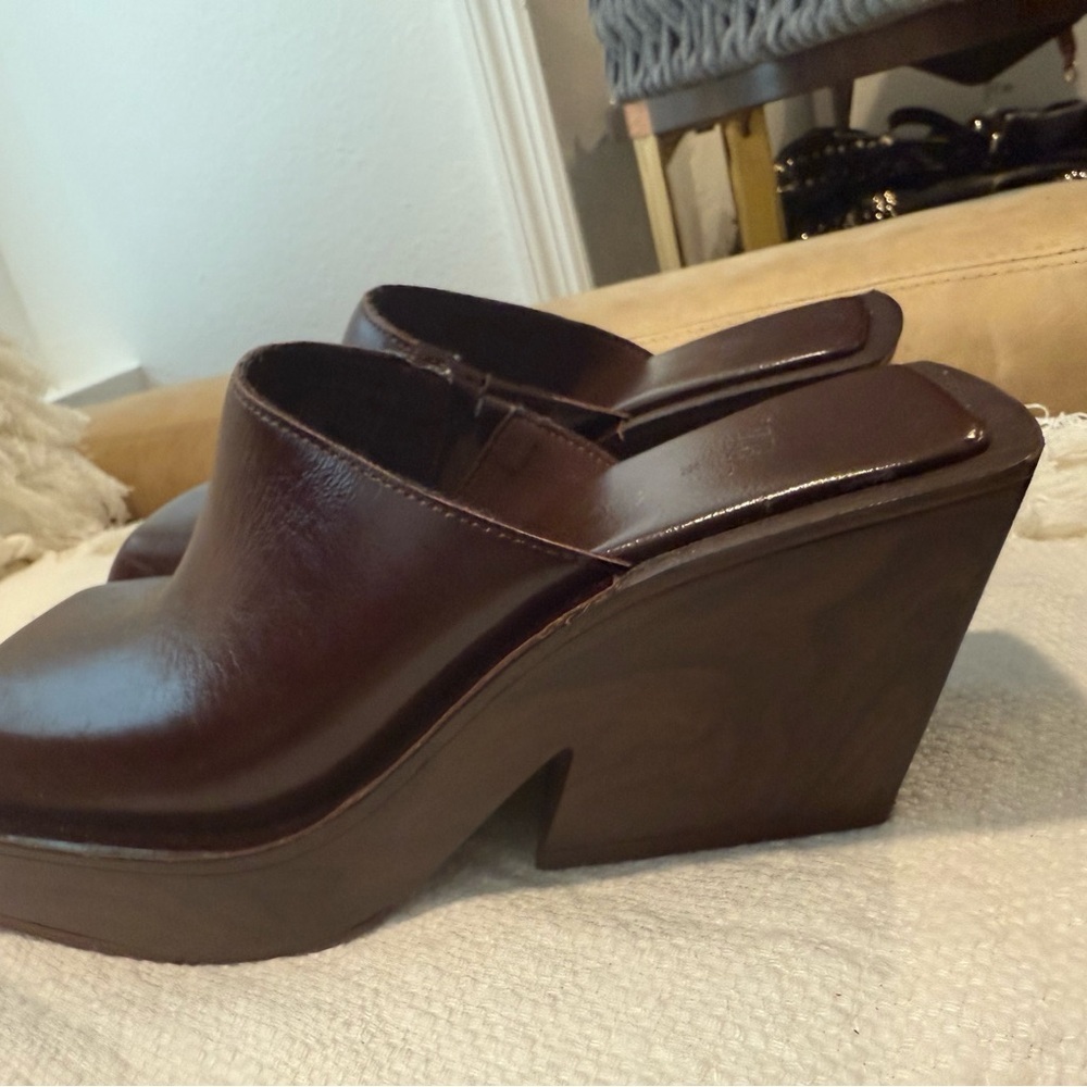 Zara Brown Leather Squared Toe Clogs - Picture 9 of 10